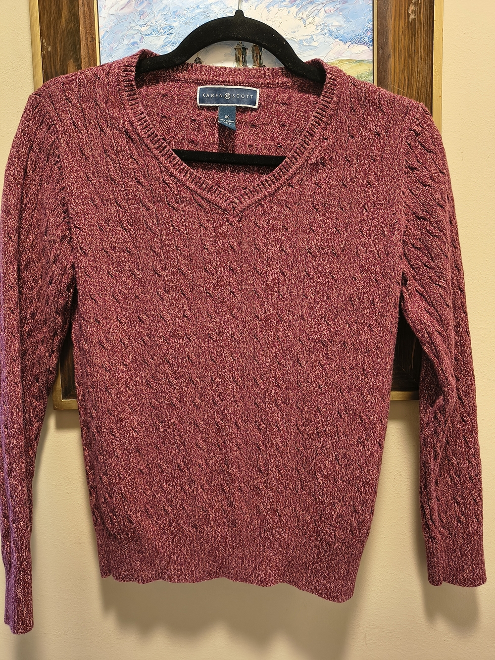 Karen Scott V-Neck Cable Knit Sweater in Berry Wash